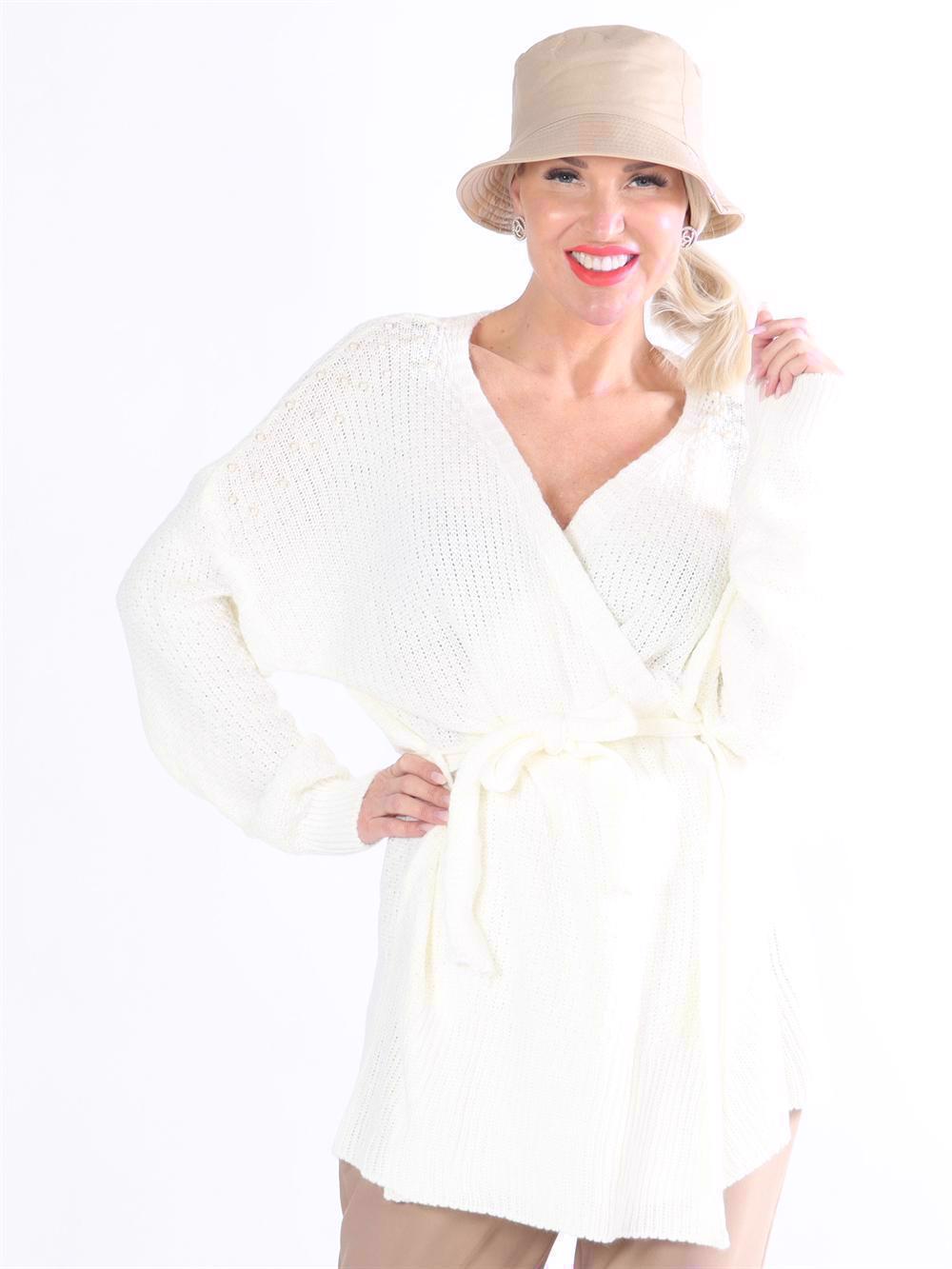 Sabine - Strikcardigan med hvide perler og bindebånd